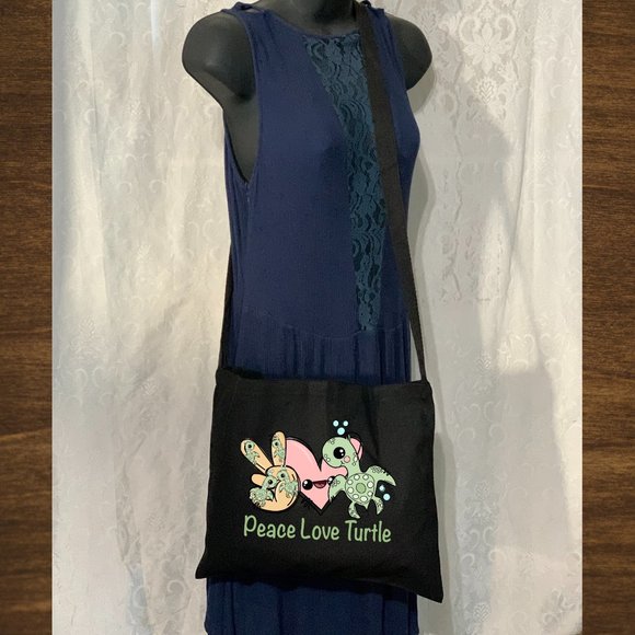 Peace Love Turtle Cotton Canvas Crossbody Messenger Tote Bag with Long Strap - Picture 2 of 2